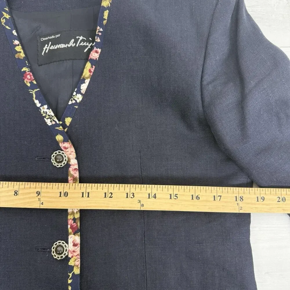 Hernando Trujillo Linen Blazer Jacket Women 8 Navy Floral‎ Trim Preppy Spring